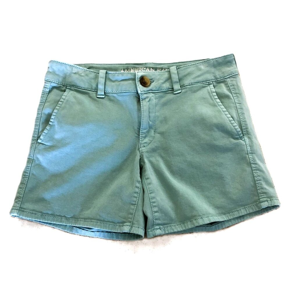 American Eagle Super Stretch Shorts Size 4 W30 Low Rise Teal Green Cotton blend